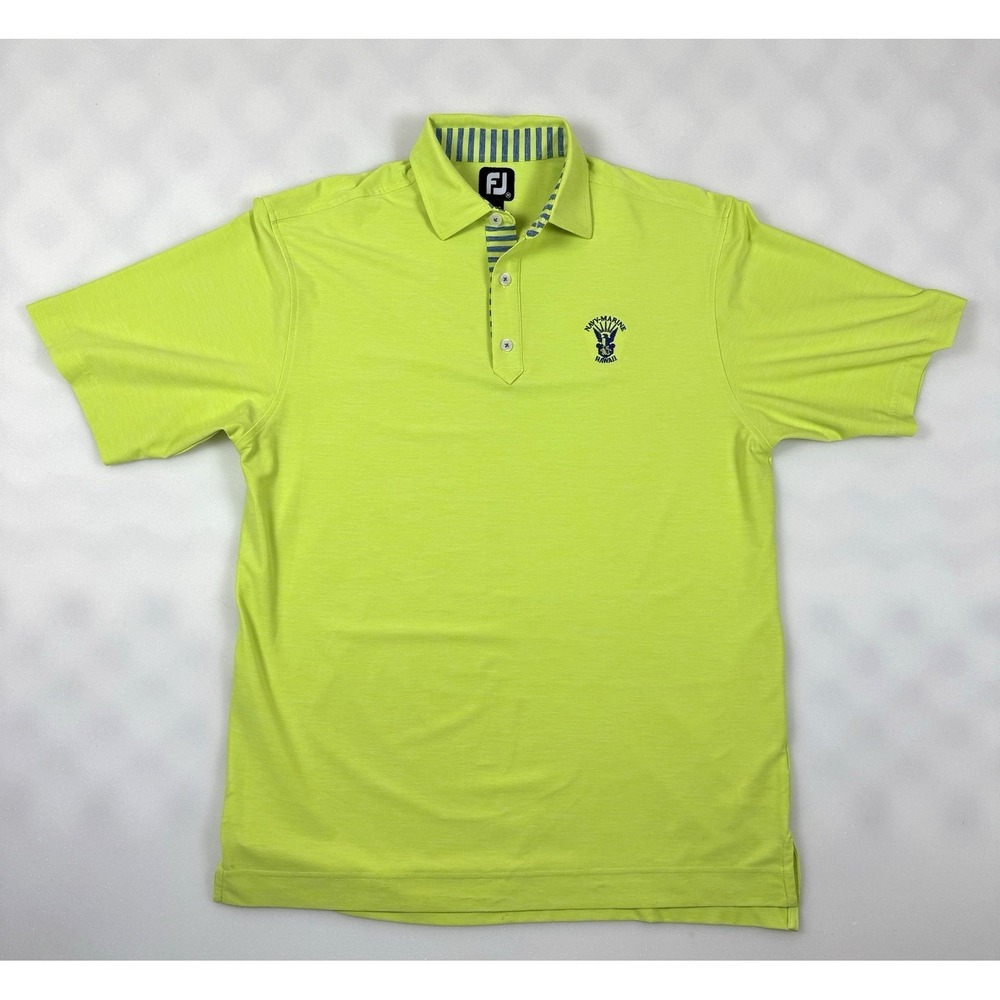 FootJoy Mens M Performance Golf Polo Shirt Lime Green Navy Marine Hawaii Club